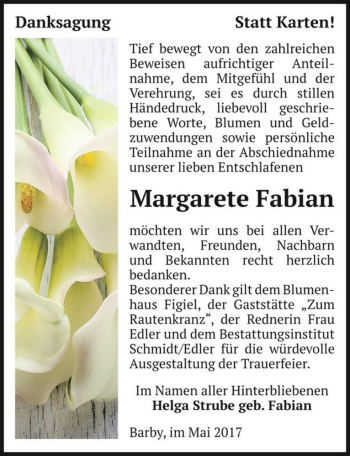 Traueranzeige von Margarete Fabian  von Magdeburger Volksstimme