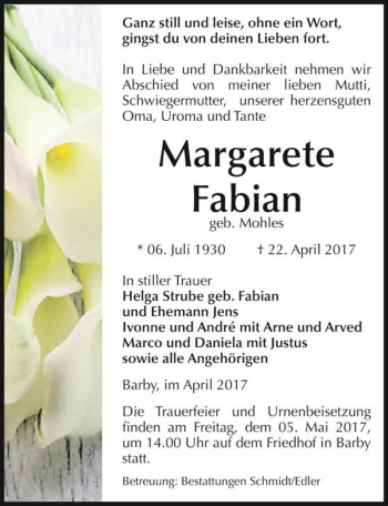 Traueranzeige von Margarete Fabian (geb. Mohles)  von Magdeburger Volksstimme