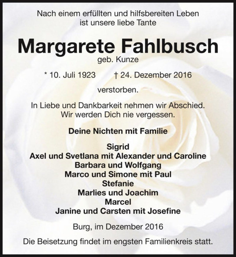 Traueranzeige für Margarete Fahlbusch (geb. Kunze)  vom 31.12.2016 aus Magdeburger Volksstimme