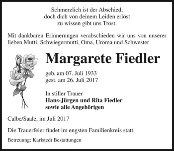 Traueranzeige von Margarete Fiedler  von Magdeburger Volksstimme