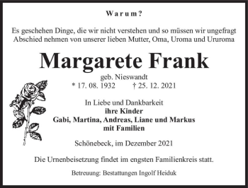 Traueranzeige von Margarete Frank (geb. Nieswandt)  von Magdeburger Volksstimme