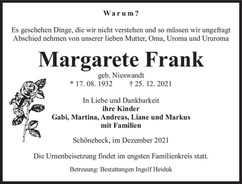  Traueranzeige für Margarete Frank (geb. Nieswandt)  vom 08.01.2022 aus Magdeburger Volksstimme
