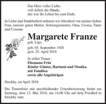 Traueranzeige von Margarete Franze (geb. Franze)  von Magdeburger Volksstimme