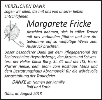 Traueranzeige von Margarete Fricke  von Magdeburger Volksstimme