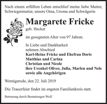 Traueranzeige von Margarete Fricke (geb. Hecker)  von Magdeburger Volksstimme