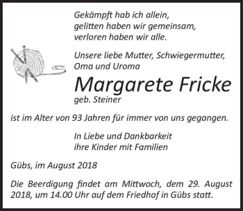Traueranzeige von Margarete Fricke (geb. Steiner)  von Magdeburger Volksstimme