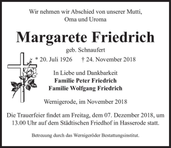 Traueranzeige von Margarete Friedrich (geb. Schnaufert)  von Magdeburger Volksstimme