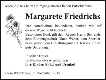 Traueranzeige von Margarete Friedrichs  von Magdeburger Volksstimme