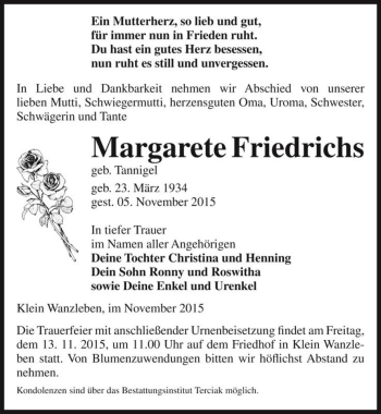 Traueranzeige von Margarete Friedrichs (geb. Tannigel)  von Magdeburger Volksstimme