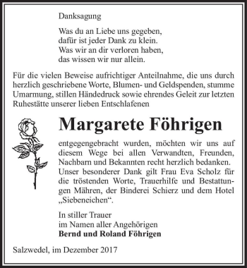 Traueranzeige von Margarete Föhringen  von Magdeburger Volksstimme