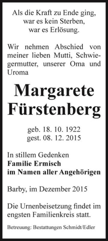 Traueranzeige von Margarete Fürstenberg  von Magdeburger Volksstimme