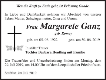 Traueranzeige von Margarete Ganz (geb. Romey)  von Magdeburger Volksstimme