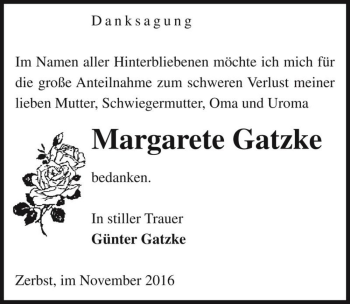 Traueranzeige von Margarete Gatzke  von Magdeburger Volksstimme