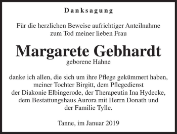 Traueranzeige von Margarete Gebhardt (geb. Hahne)  von Magdeburger Volksstimme