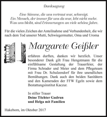 Traueranzeige von Margarete Geißler  von Magdeburger Volksstimme