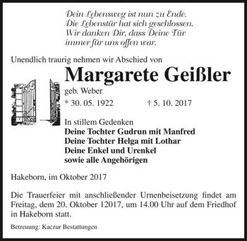 Traueranzeige von Margarete Geißler (geb. Weber)  von Magdeburger Volksstimme