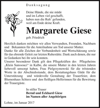 Traueranzeige von Margarete Giese (geb. Friedrich)  von Magdeburger Volksstimme