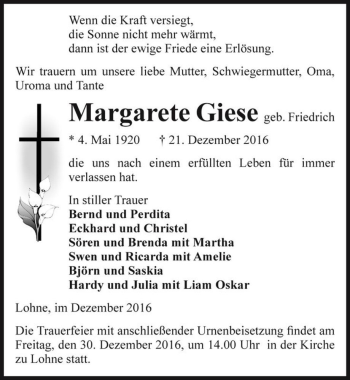Traueranzeige von Margarete Giese (geb. Friedrich)  von Magdeburger Volksstimme