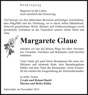 Traueranzeige von Margarete Glaue  von Magdeburger Volksstimme
