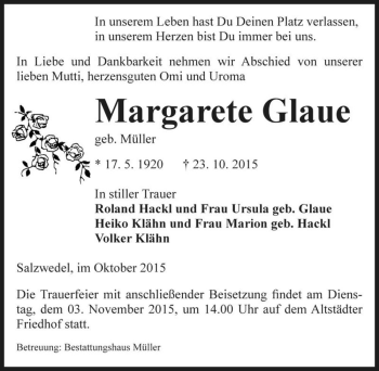Traueranzeige von Margarete Glaue (geb. Müller)  von Magdeburger Volksstimme