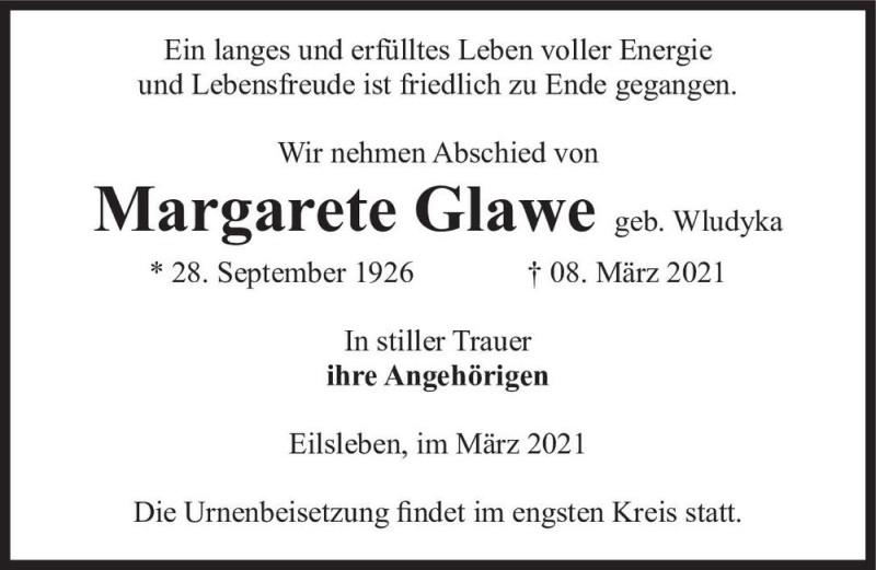  Traueranzeige für Margarete Glawe (geb. Wludyka)  vom 24.03.2021 aus Magdeburger Volksstimme