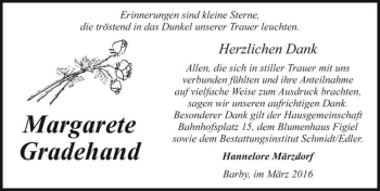 Traueranzeige von Margarete Gradehand  von Magdeburger Volksstimme