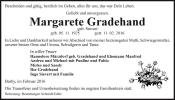 Traueranzeige von Margarete Gradehand (geb. Sievert)  von Magdeburger Volksstimme