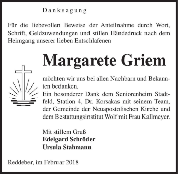 Traueranzeige von Margarete Griem  von Magdeburger Volksstimme
