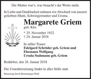 Traueranzeige von Margarete Griem (geb. Klix)  von Magdeburger Volksstimme