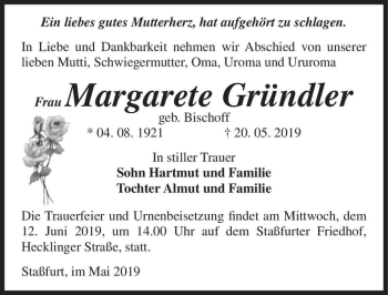 Traueranzeige von Margarete Gründler (geb. Bischoff)  von Magdeburger Volksstimme