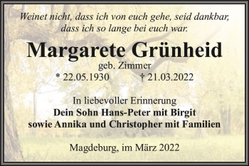Traueranzeige von Margarete Grünheid (geb. Zimmer)  von Magdeburger Volksstimme