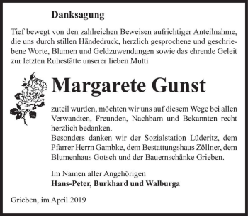 Traueranzeige von Margarete Gunst  von Magdeburger Volksstimme