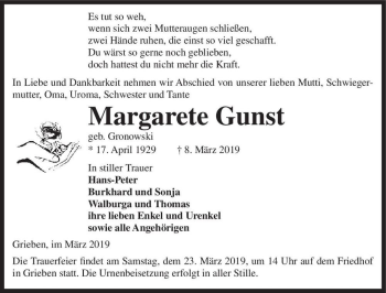Traueranzeige von Margarete Gunst (geb. Gronowski)  von Magdeburger Volksstimme