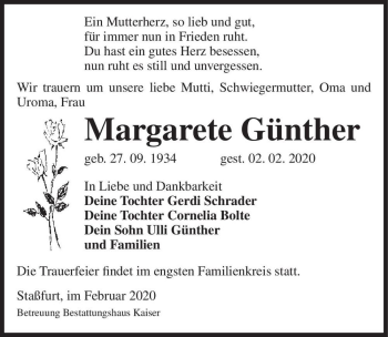 Traueranzeige von Margarete Günther  von Magdeburger Volksstimme