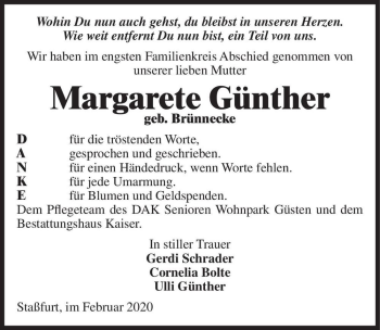Traueranzeige von Margarete Günther (geb. Brünnecke)  von Magdeburger Volksstimme