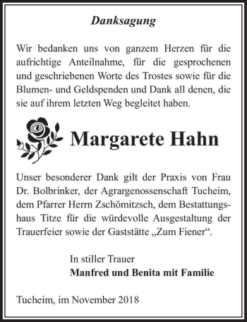 Traueranzeige von Margarete Hahn  von Magdeburger Volksstimme