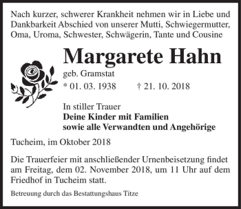 Traueranzeige von Margarete Hahn (geb. Gramstat)  von Magdeburger Volksstimme