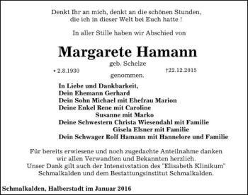 Traueranzeige von Margarete Hamann (geb. Schelze)  von Magdeburger Volksstimme