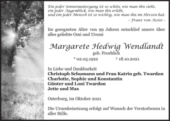 Traueranzeige von Margarete Hedwig Wendlandt (geb. Froehlich)  von Magdeburger Volksstimme