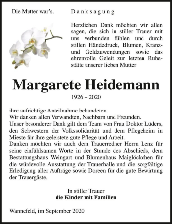 Traueranzeige von Margarete Heidemann  von Magdeburger Volksstimme