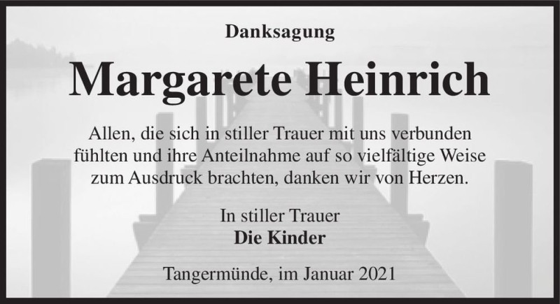  Traueranzeige für Margarete Heinrich  vom 12.01.2021 aus Magdeburger Volksstimme
