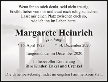 Traueranzeige von Margarete Heinrich (geb. Voigt)  von Magdeburger Volksstimme