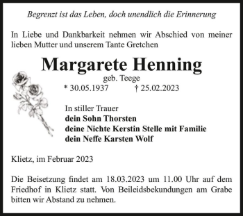 Traueranzeige von Margarete Henning (geb. Teege)  von Magdeburger Volksstimme