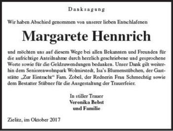Traueranzeige von Margarete Hennrich  von Magdeburger Volksstimme