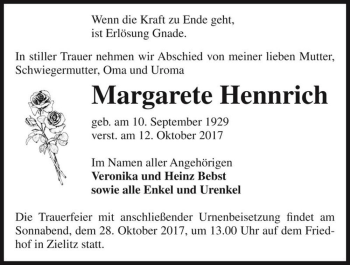 Traueranzeige von Margarete Hennrich  von Magdeburger Volksstimme