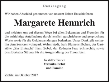 Traueranzeige von Margarete Hennrich  von Magdeburger Volksstimme
