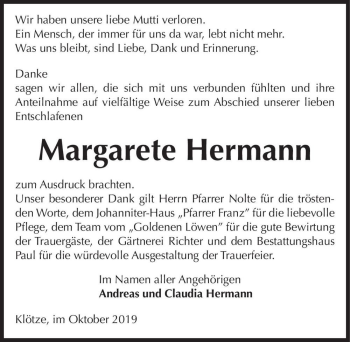 Traueranzeige von Margarete Hermann  von Magdeburger Volksstimme