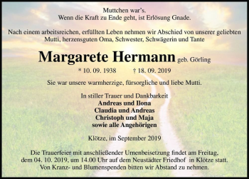 Traueranzeige von Margarete Hermann (geb. Görling)  von Magdeburger Volksstimme