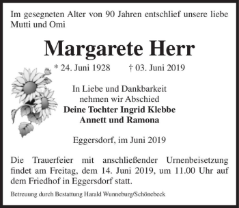 Traueranzeige von Margarete Herr  von Magdeburger Volksstimme