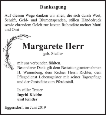 Traueranzeige von Margarete Herr (geb. Siedler)  von Magdeburger Volksstimme